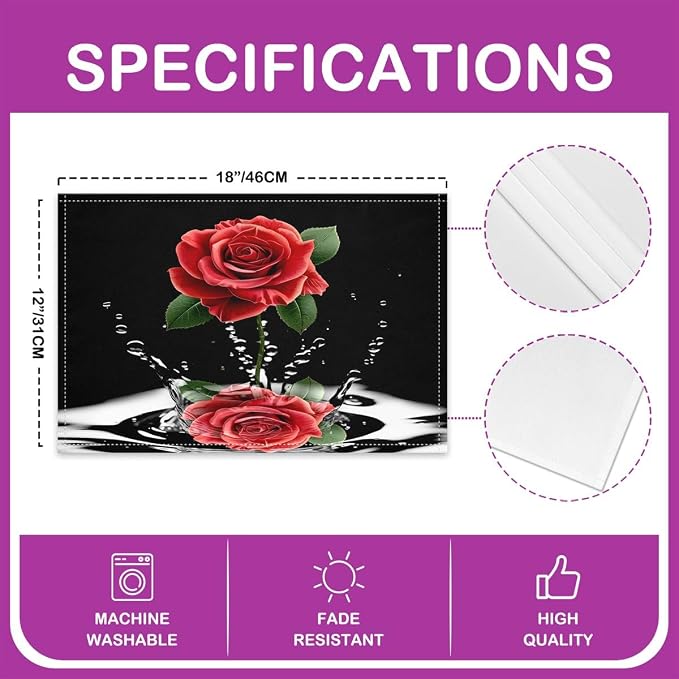 Feelyou Red Rose Table Place Mats Set Romantic Floral Blossom Placemats Set of 4 Black Red Placemat for Kitchen Dining Table for Women Men for Lover Indoor Outdoor Decor Table Mats 18"x12" - Image 4