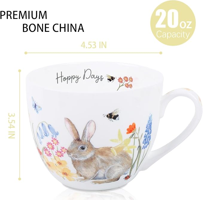 20 oz Bunny Coffee Mug with Spring Flowers & Happy Days Slogan, Premium Bone China Rabbit Coffee Cup, Cute Garden Gift for Women, Family&Friends, Designed in England by Harvest Green Studio - Image 2