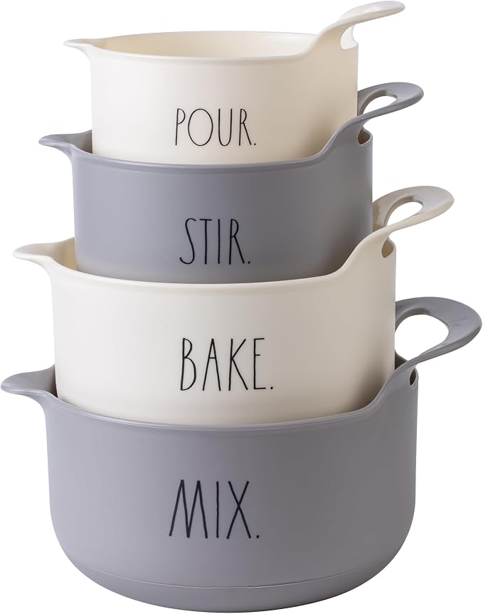 Rae Dunn Non-Slip Mixing Bowls - 4 Piece Nesting Plastic Mixing Bowl Set with Pour Spouts and Handles-Measurement Markings (Grey) by RaeDunn