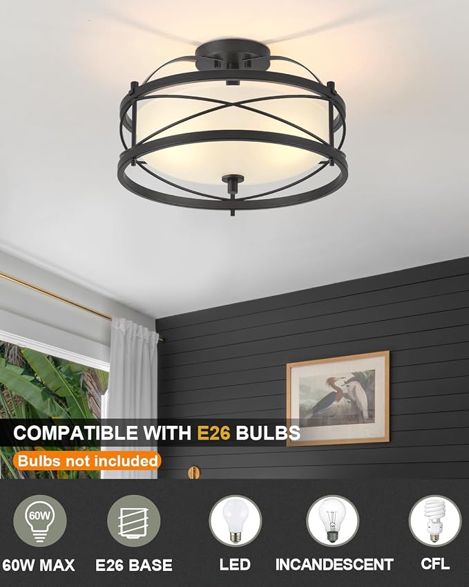 Entryway Drum Light Fixtures, Semi-Flush Mount Rustic Ceiling Light for Hallway Living Room Bedroom Kitchen (Black) - Image 2