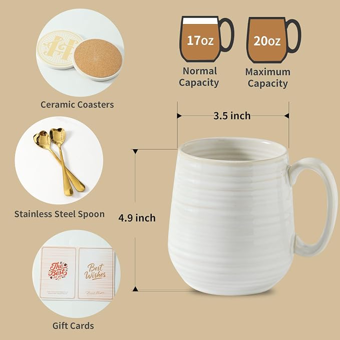 HASENSE Coffee Mugs Set of 2, 20 oz Ceramic Coffee Cups for Men and Women, Premium Large Tea Cups Gift Box with Coaster & Gold Spoon, Couple Mugs for Wedding Gift, Clay-Infused White - Image 6