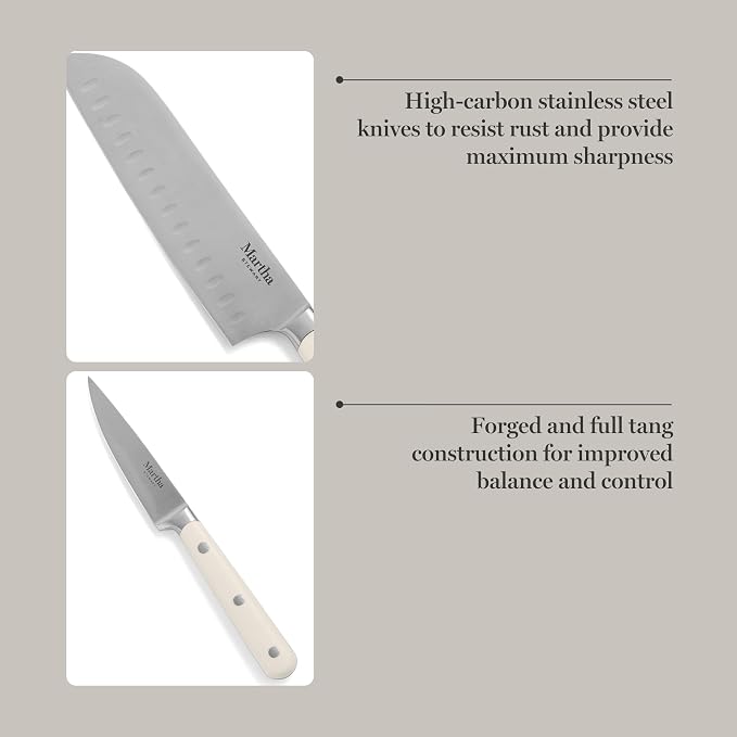 MARTHA STEWART Eastwalk 14 Piece High Carbon Stainless Steel Cutlery Kitchen Knife Block Set w/ABS Triple Riveted Forged Handle Acacia Wood Block - Linen White - Image 4