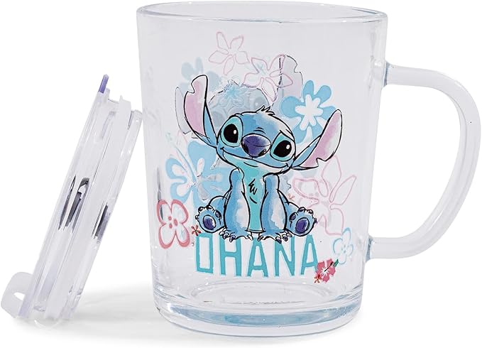 Disney Lilo & Stitch Ohana Glass Mug With Lid | Holds 14 Ounces