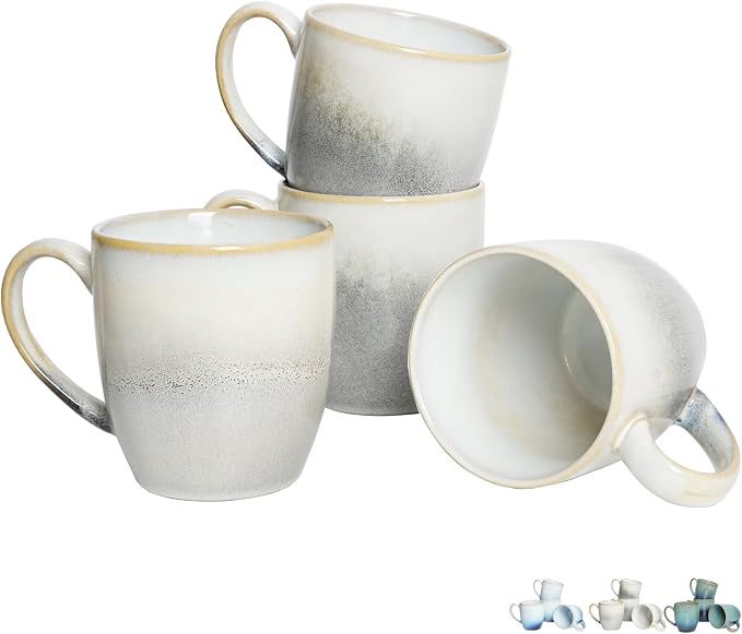 Bosmarlin Ceramic Coffee Mug Set of 4, 17 Oz, Coffee Cups with Big Handle, Microwave Safe, Unique Reactive Glaze (17 Oz, Grey White) by Bosmarlin