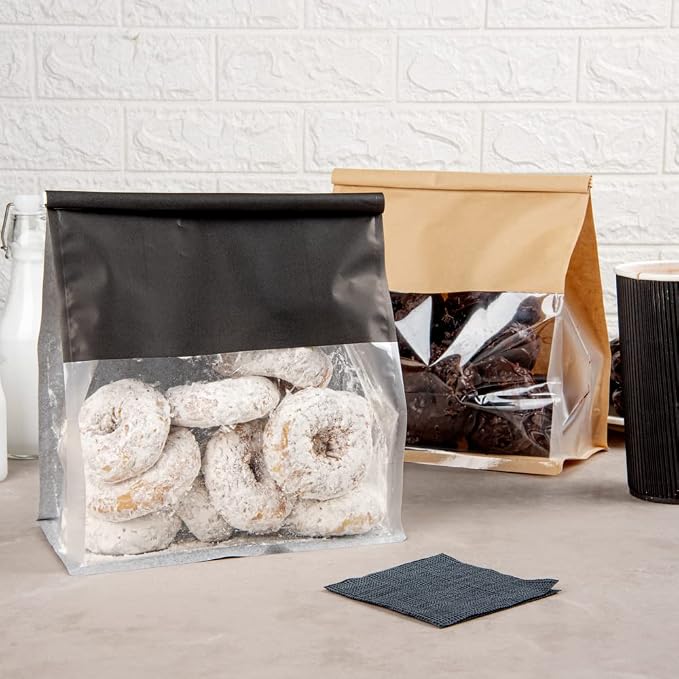 Restaurantware-Bag Tek 8.6 x 4.5 x 10.6 Inch Tin Tie Bags With Windows, 100 Resealable Bakery Bags With Windows - Flat Bottom, For Cookies or Coffee Beans, Black Cotton Paper Tin Tie Bags - Image 3