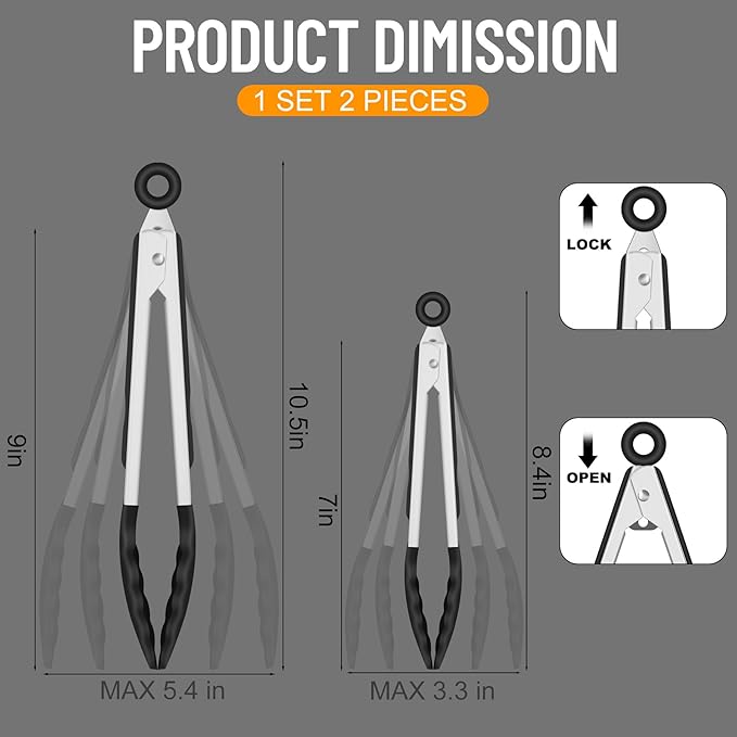 HOTEC Premium Kitchen Tongs, 7 & 9 Inch, Stainless Steel, Black, Set of 2 | Silicone Tips, Durable Spring Locking Mechanism, Non-Scratch & Heat Resistant, For Salad, BBQ, Serving - Image 8