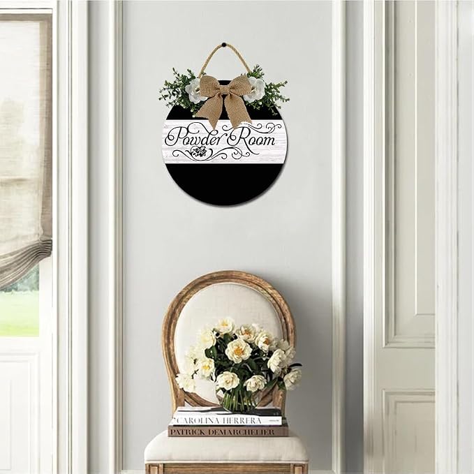 Powder Room Door Sign Round Wooden Wall Sign Rustic Wreath Decor for Front Door Porch Home Wall Farmhouse Decorations 11inch - Image 2