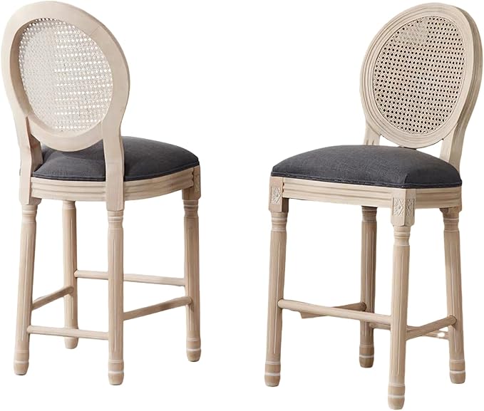 French Country Barstool, Linen Farmhouse Counter Height Chair | Set of 2, with Rattan Round Back and Solid Wood Legs, Oval Chairs for Restaurant, Bar, Kitchen, Café,Dark Grey by RCDDFurniture