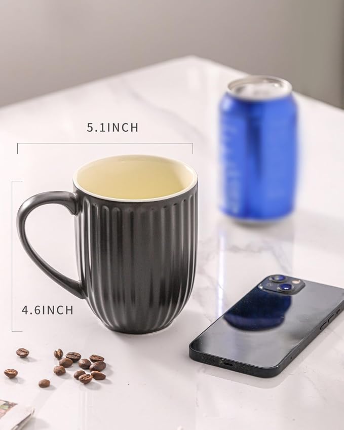 HASENSE 16oz Ceramic Coffee Mugs Set of 4, Black Ribbed Latte Cups with Large Ergonomic Handle, Modern Lightweight, Great for Coffee, Tea & Cocoa, Dishwasher & Microwave Safe - Image 2