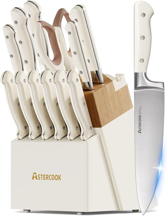 Knife Set,Astercook Kitchen Knife Set with Block 14-Piece Full Tang Stainless Steel Knives with Sharpener Dishwasher Safe and Anti-Slip Ergonomic Handle Utensils Set by Astercook