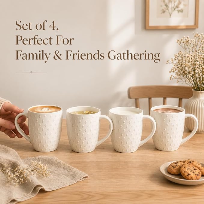 14 oz Ceramic Coffee Mugs Set of 4, White Stoneware Cups with Handle | Porcelain Mugs, Microwave & Dishwasher Safe, Coffee Mug for Tea, Coffee, Latte, Premium Kitchen & Housewarming Gift Set - Image 8