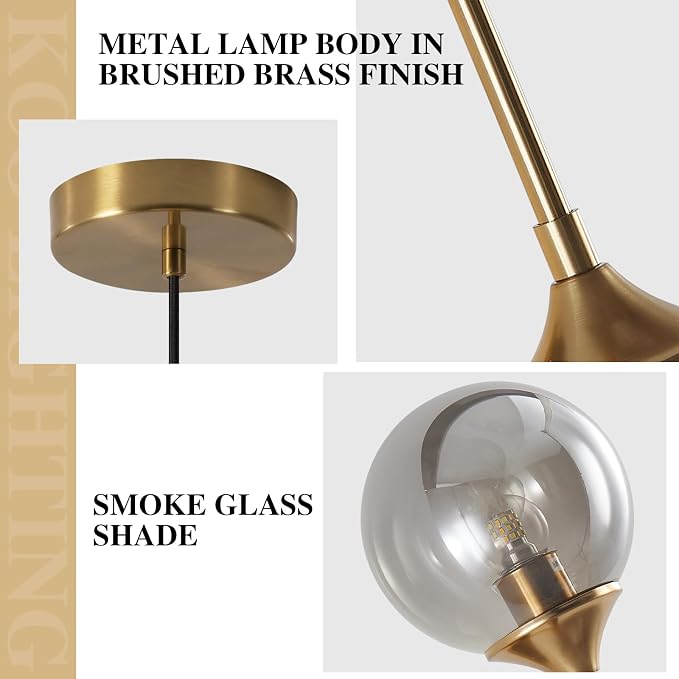 KCO Lighting Modern Small Gold 7.1” Smoke Gray Glass Globe Pendant Light | E26 Adjustable Hanging Lamp for Sloped Ceilings, Mid Century Brass Ceiling Light Fixture for Kitchen Island Sink Dining Table - Image 3