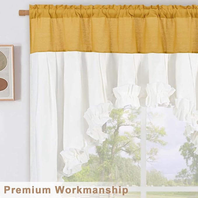 Likiyol Linen Valances for Windows Farmhouse Ruffle Swag Valance Rustic Country Window Valances Light Filtering Kitchen Curtains Rod Pocket Valance Curtains for Bathroom Cafe, Yellow White,60"W x 36"L - Image 7