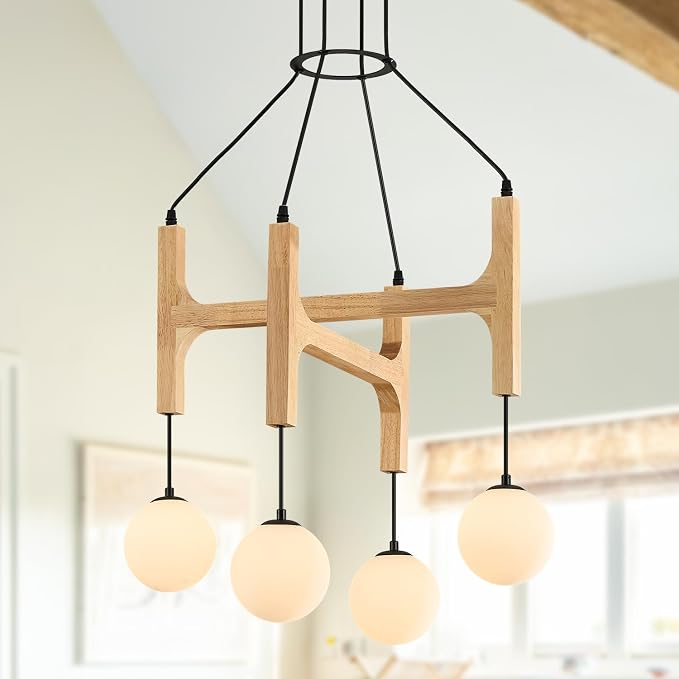 Natural Farmhouse Wood Chandeliers Vintage Milk Glass Pendant Light L24 '' Mid Century Long 4-Light Hanging Fixture for Living Dining Room Entryway Foyer Bedroom Kitchen,G9 by PoemoonLighting