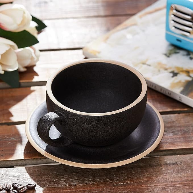 Coffeezone Vintage Design 12 oz Ceramic Latte Art Cappuccino Barista Cup with Saucer (Rough Black) - Image 5