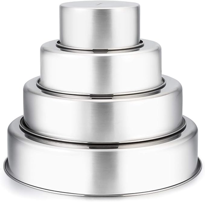 TeamFar Cake Pan, Stainless Steel Round Baking Pans Set for Layer Cake Pie | 4'' & 6'' & 8'' & 9½'', Smash Cake Pan Tier Cake Tins, for Baking Serving at Camping Wedding, Oven & Dishwasher Safe - 4 PCS by TeamFar