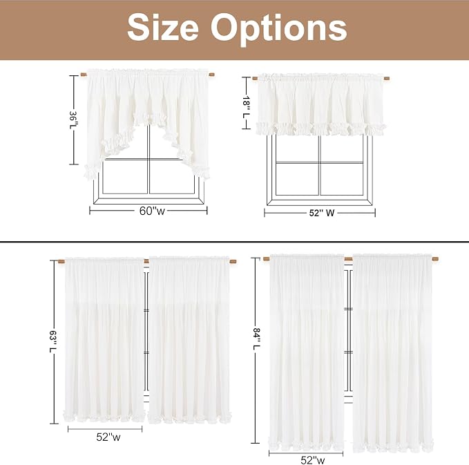 Likiyol Linen Valances for Windows Farmhouse Window Valances with Ruffle Rustic Country Light Filtering Kitchen Valance Curtains Rod Pocket Valance for Bathroom Cafe, White, 52" W X 18" L - Image 8