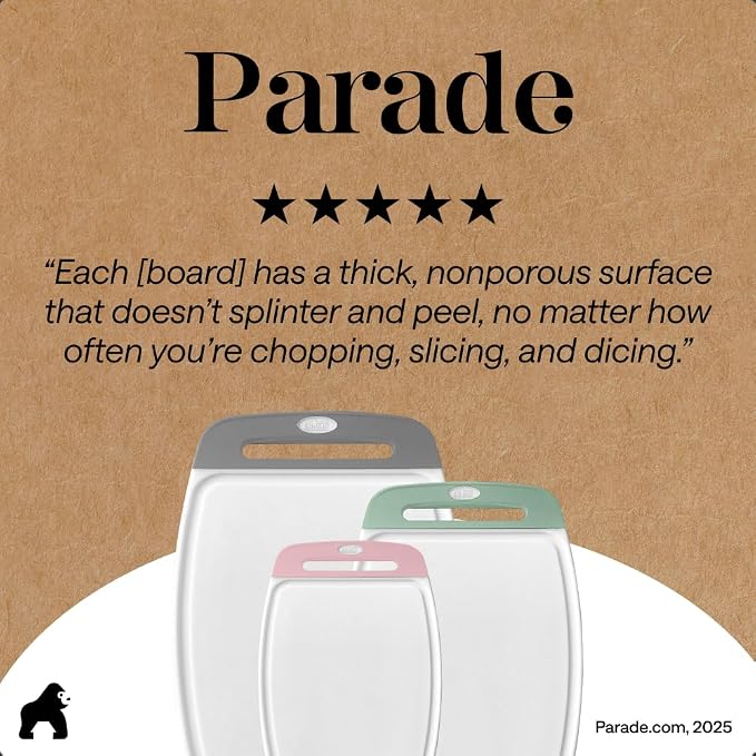 GORILLA GRIP BPA-Free Reversible Kitchen Cutting Board Set of 3, US Designed, Nonporous, Juice Grooves Catch Liquid, Slip Resistant Border, Dishwasher Safe Large Food Chopping Boards, Gray Mint Pink - Image 9