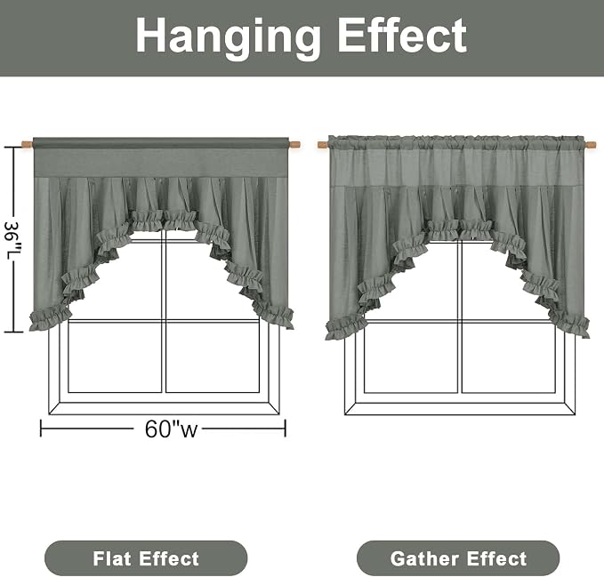 Likiyol Linen Valances for Windows Farmhouse Ruffle Swag Valance Rustic Country Window Valances Light Filtering Kitchen Curtains Rod Pocket Valance Curtains for Bathroom Cafe, Grey, 60" W x 36" L - Image 2