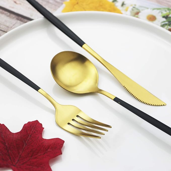 JASHII Silverware Set, 24-Piece Stainless Steel Flatware Set,Kitchen Utensil Set Service for 6,Tableware Cutlery Set for Home, Dishwasher Safe (Matte Black handle gold) - Image 6