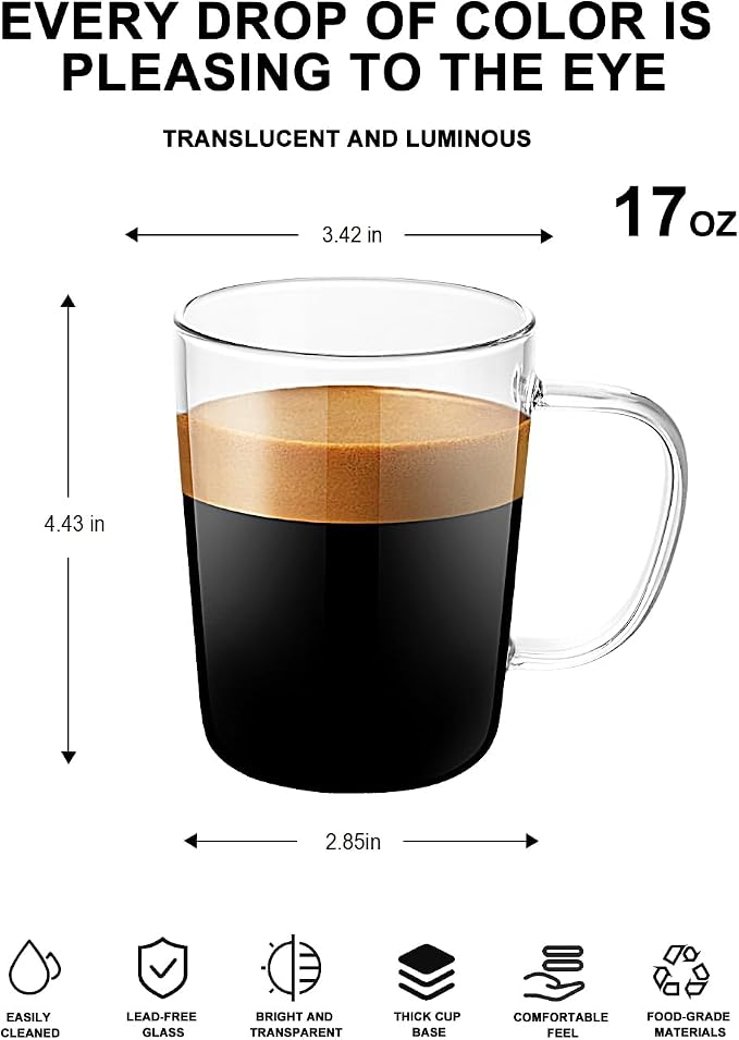 LUXU Glass Coffee Mugs, 17 oz Ice coffee cups,Large Beer Mugs Set of 4 | Everyday Drinkware,Water Glass,Glass Drink Tumblers,Bar Glassware,Borosilicate Glass Mugs with Handle for Hot/Cold Beverages - Image 2