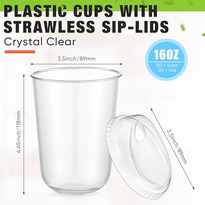 Ziliny 50 Sets Clear Plastic Coffee Cups with Sip Lids, Disposable Plastic PET Crystal Cups for Iced Coffee, Smoothie, Cold Beverage, Drink Shops and Party Catering(Clear,16 oz) - Image 3