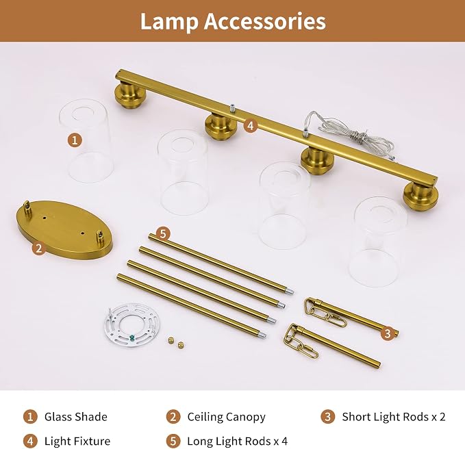 Kitchen Island Lighting, 4-Light Dining Room Light Fixtures Over Table,Gold Linear Chandelier for Dining Room Hanging,Pendant Lights Kitchen Island with Clear Glass Shade - Image 7
