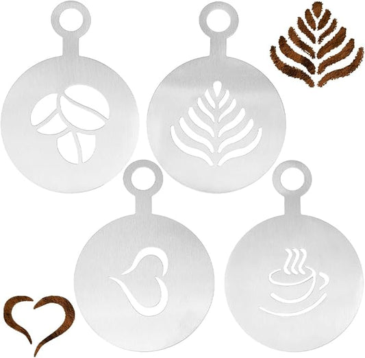 GORGECRAFT 4 Styles Coffee Latte Decorating Stencils Stainless Steel Chocolate Heart Leaf Metal Cookie Cocktail Stencils Barista Cappuccino Tools Foam Art Templates for Cup Cake Birthday Cake