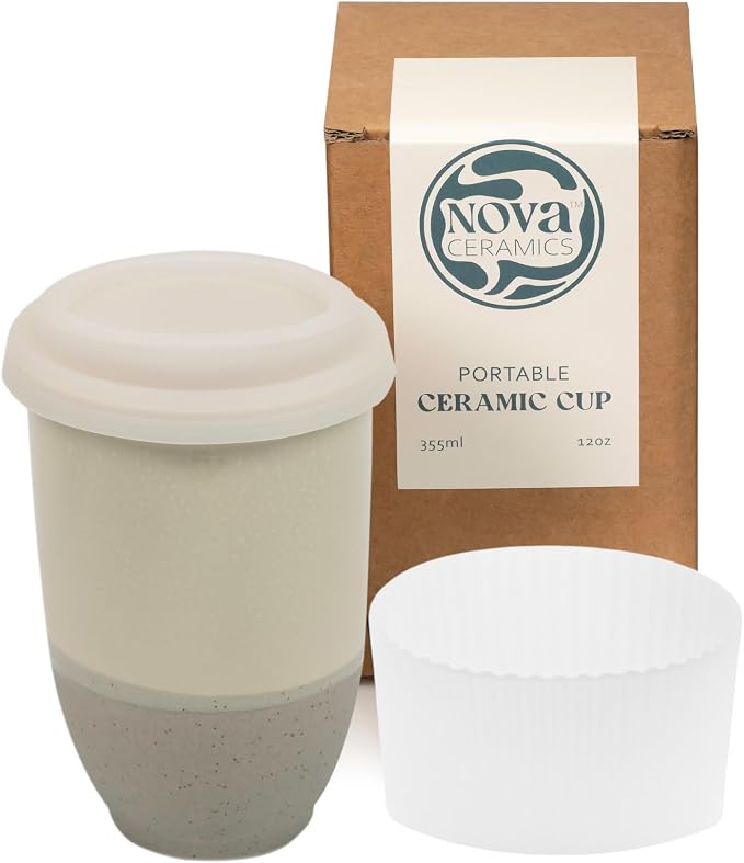 NOVA CERAMICS Travel Mug – Coffee Travel Mug – Reusable Coffee Cup Unique to Go Mug – Microwave & Dishwasher Safe Coffee White Tumbler - Gifts for Women Men Him Her – 12oz – Sea Mist by NovaCeramics