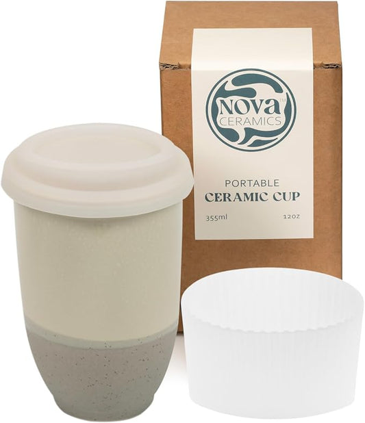 NOVA CERAMICS Travel Mug – Coffee Travel Mug – Reusable Coffee Cup Unique to Go Mug – Microwave & Dishwasher Safe Coffee White Tumbler - Gifts for Women Men Him Her – 12oz – Sea Mist by NovaCeramics
