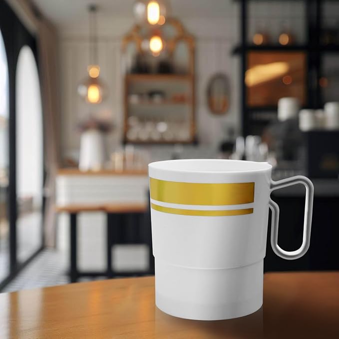 Party Essentials 8-Ounce Hard Plastic Coffee Cup/Tea Mug with Handle, 20-Count, White W/Gold Rim (Pack of 6) - Image 4