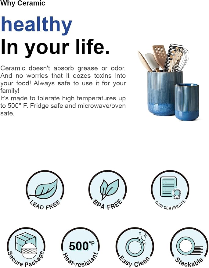 LE TAUCI Utensil Holder for Kitchen Counter, 7.3"+5.4" Fluted Ceramic Utensil Crock Organizer for Countertop, Heavy Large Holder for Spatulas, Spoons, Set of 2, Blue Marble - Image 7