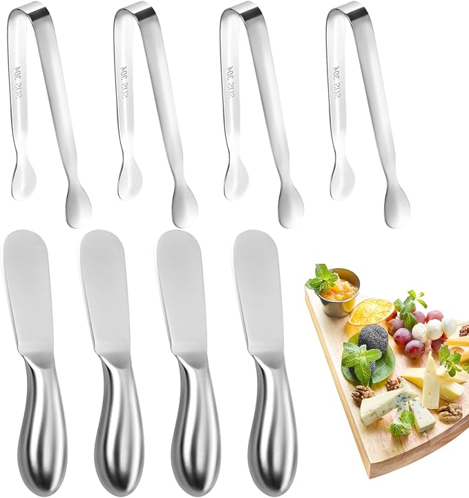 Butter Spreader Knife Set 8 PCS Stainless Steel Cheese Butter Spreader Knives and Mini Serving Tongs for Cheese Cold Butter Jam Appetizers Pastry Charcuterie Accessories Kitchen Utensils by MLURCU