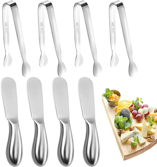 Butter Spreader Knife Set 8 PCS Stainless Steel Cheese Butter Spreader Knives and Mini Serving Tongs for Cheese Cold Butter Jam Appetizers Pastry Charcuterie Accessories Kitchen Utensils by MLURCU