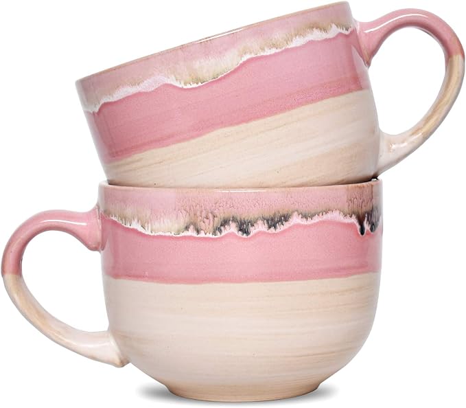 Bosmarlin Large Ceramic Coffee Mug Set of 2, Stoneware Jumbo Latte Mugs Tea for Office and Home, 16 Oz, Dishwasher and Microwave Safe(Pink, 2) by Bosmarlin