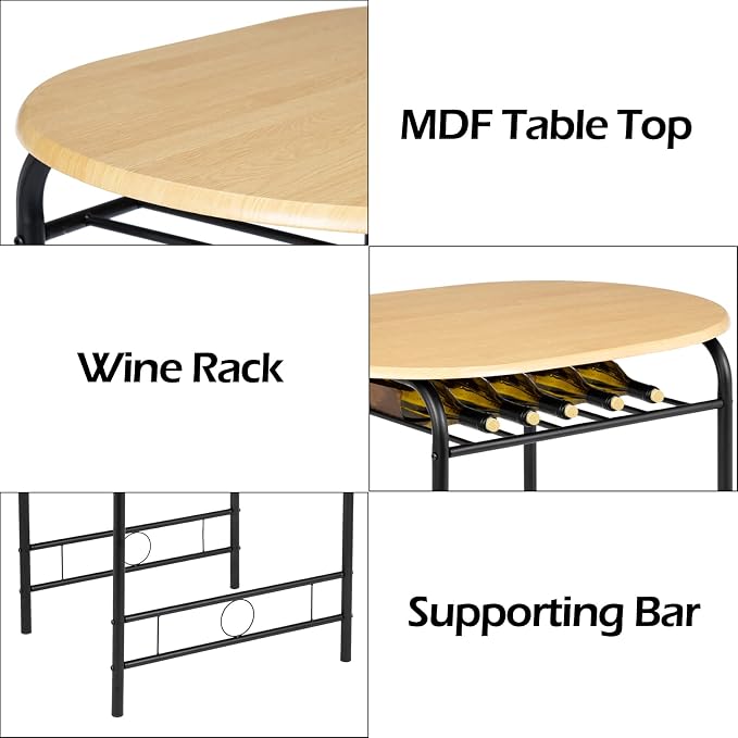 VINGLI 3 Piece Dining Set,Small Kitchen Table Set for 2,Breakfast Table Set for 2,Kitchen Wooden Table and 2 Chairs for Small Space/Dining Room/Apartment,Metal Frame,Wine Rack,Black&Natural - Image 5