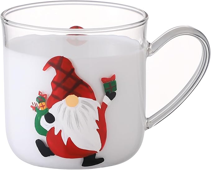 350ml/12oz Hand painted Glass Cup,High Heat Borosilicate Glass,Coffee Mug Kinds of Drinking Jars for Water, Tea, Latte (Red Hat Santav)