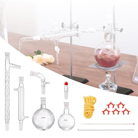 VEVOR Laboratory Distillation Set, 3.3 Borosilicate Glass Equipment with 24/40 Joint, 1000ml Capacity for Essential Oil Extraction, 14-Piece Glassware Kit - Image 8