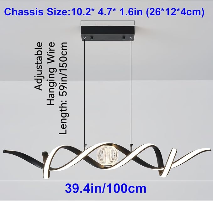 ORANOOR Modern LED Pendant Lights, Dimmable 39in Spiral Wave LED Chandelier | Linear Swivel Black Dining Room Hanging Lighting Fixtures, Kitchen Island Pendant Light Chandelier for Dining Table (2340lm) - Image 4