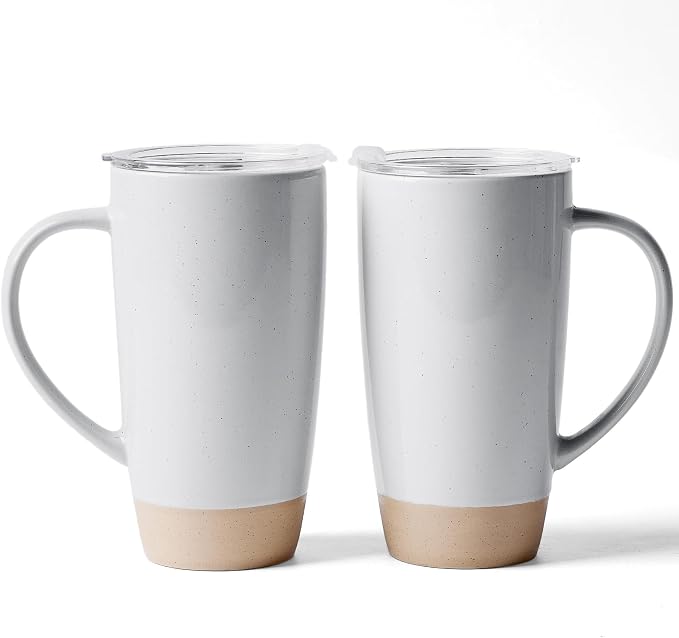 famiware Milkyway Coffee Mugs, 20oz Large Coffee Mug, Ceramic Mug Set of 2 with Lid, Cup Set with Handle for Latte, Tea, Cocoa, Milk, Home & Office, Light Gray by Famiware
