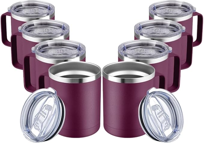 MEWAY 12oz Coffee Mug With Handle and Sliding Lid,Stainless Steel Travel Tumbler Cup with Handle,Double Wall Vacuum Insulated Camping Cup for Hot & Cold Drinks Tea (Plum,Set of 8) by MEWAY