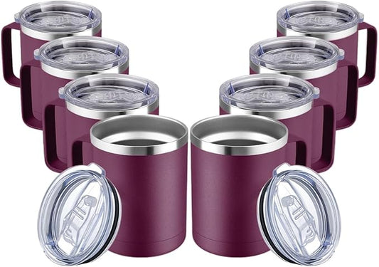 MEWAY 12oz Coffee Mug With Handle and Sliding Lid,Stainless Steel Travel Tumbler Cup with Handle,Double Wall Vacuum Insulated Camping Cup for Hot & Cold Drinks Tea (Plum,Set of 8) by MEWAY