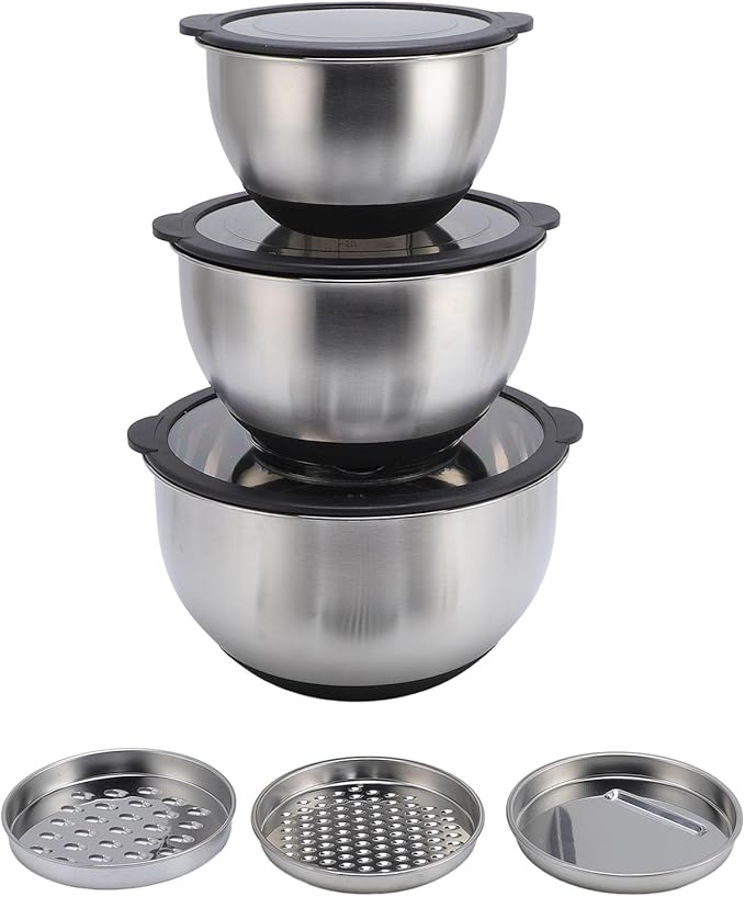 Asixxsix 3PCS Mixing Bowls with Lids Set and 3PCS Graters, Stainless Steel Nesting Bowls, Easy to Use Nesting Salad Bowl for Food Baking, Mixing, Serving, Storing