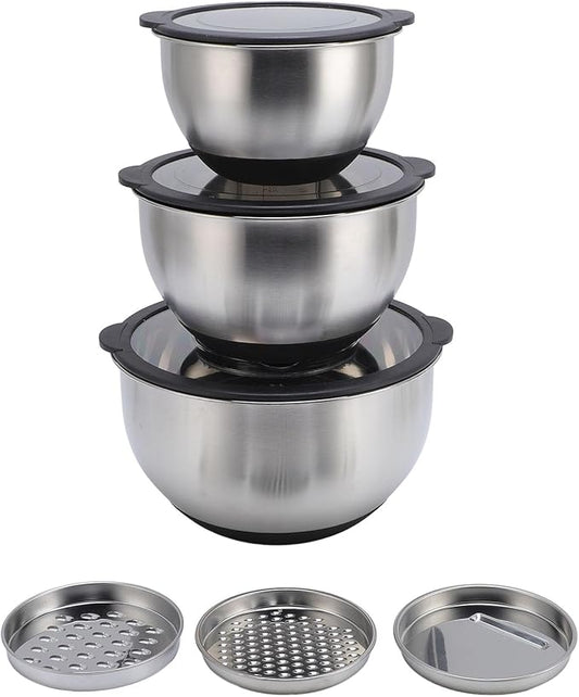 Asixxsix 3PCS Mixing Bowls with Lids Set and 3PCS Graters, Stainless Steel Nesting Bowls, Easy to Use Nesting Salad Bowl for Food Baking, Mixing, Serving, Storing