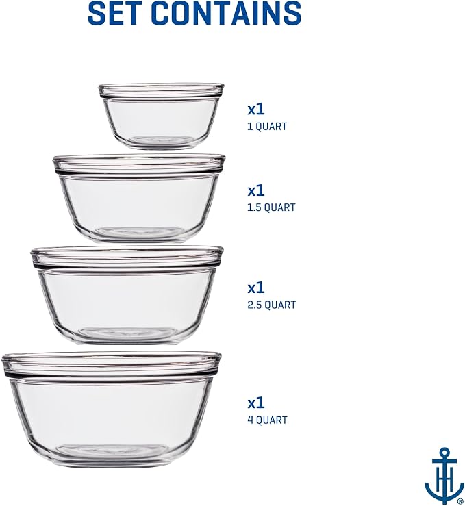 Anchor Hocking 4 Piece Glass Mixing Bowls Set – Durable, Microwave, Oven, and Dishwasher Safe – Perfect for Prep, Mixing, Serving, and Storage – Made in USA - Image 5