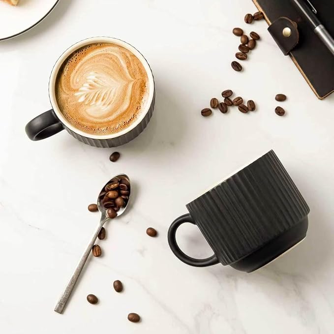 HASENSE Coffee Mug Ceramic Set of 4 with Stand, Stackable Large Latte Cups with Metal Stand, Dishwasher & Microwave Safe, Black for Cappuccino Tea Hot Cocoa - Image 6
