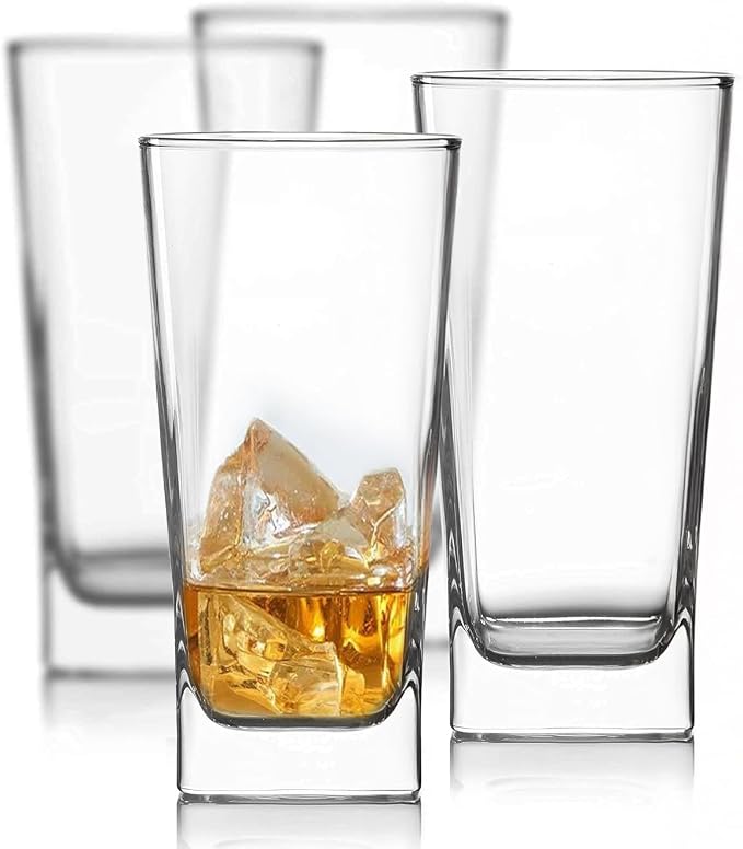 Le'raze Set of 4 Everyday Drinking Glasses - Square Tall Glass Cups Drinkware Kitchen Collins Glasses for Cocktail, Iced Coffee, Beer, Ice Tea, Wine, Whiskey, Water Glassware Sets by LERAZE