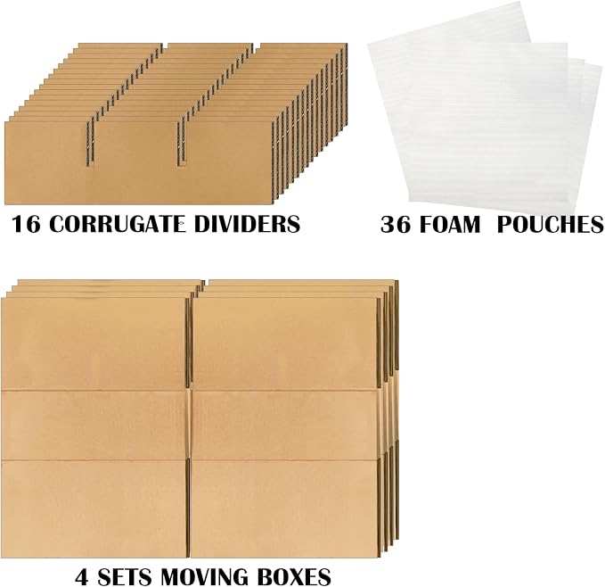 4 Sets Moving Boxes with Divider Kits, 12.5x12.5x4.5 Inches Glassware Dish Packing Boxes Includes 16 Corrugate Dividers & 36 Foam Pouches, Kitchen Moving Boxes for Shipping, Storage, Coffee Mugs - Image 3