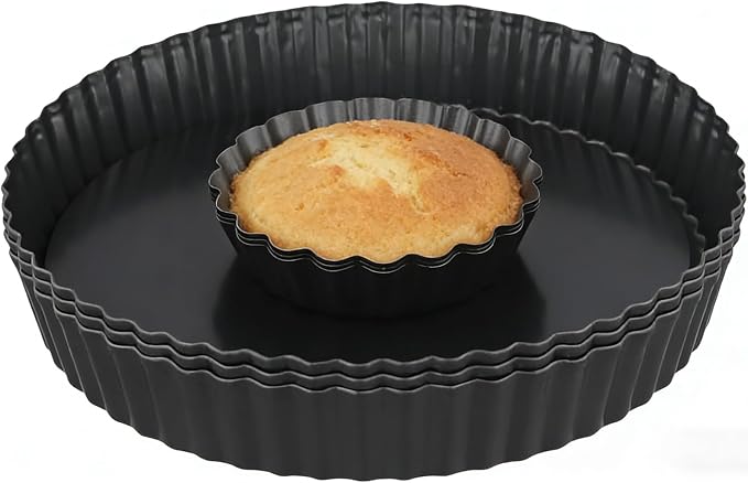 6 Pack 10cm 22cm Fluted Tart Tins with Loose Base, 4" 8.7" Non-Stick Pie Dishes Pans Set with Removable Bottoms, Carbon Steel Quiche Moulds for Quiches, Pies, Pastries by DAKFOOK