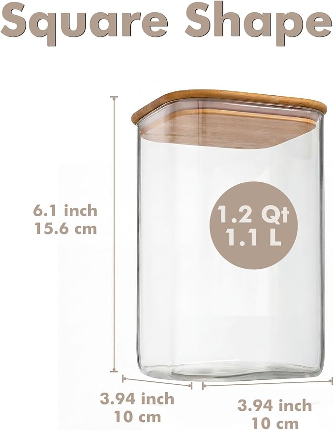 6-Pack 1.2Qt Square Glass Storage Jars with Bamboo Lids | Minimalist Kitchen Organizer,Pantry Storage Container,Food Storage Container,Scandinavian Style Storage,Nordic Style Storage - Image 2